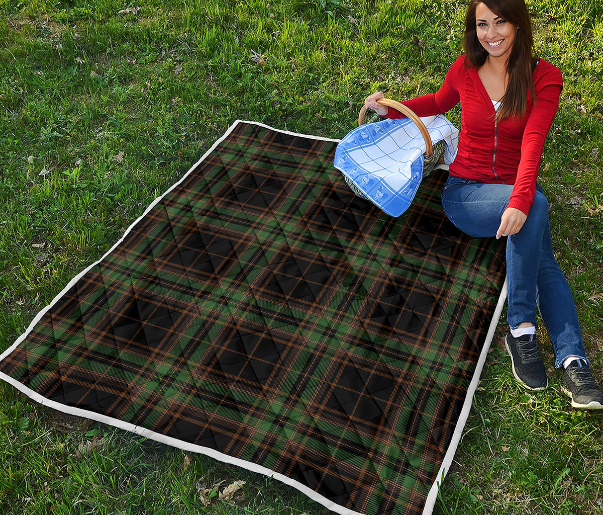 Black And Green Stewart Tartan Print Quilt