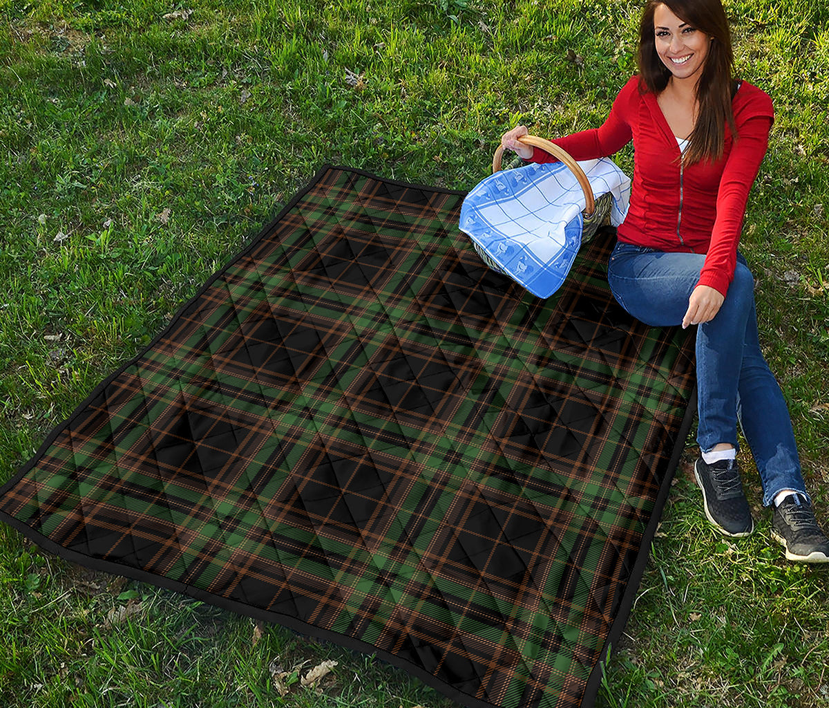 Black And Green Stewart Tartan Print Quilt