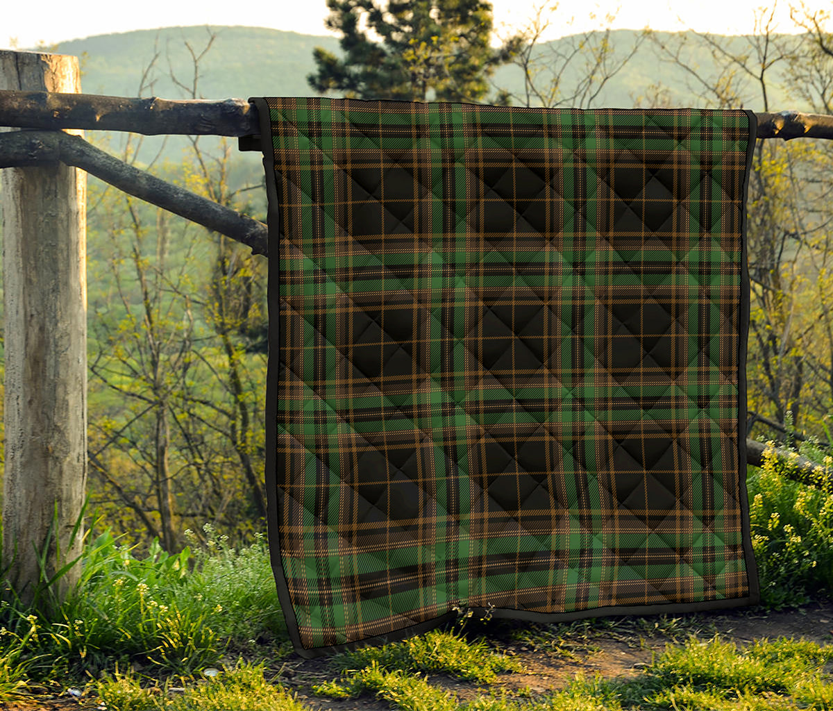 Black And Green Stewart Tartan Print Quilt