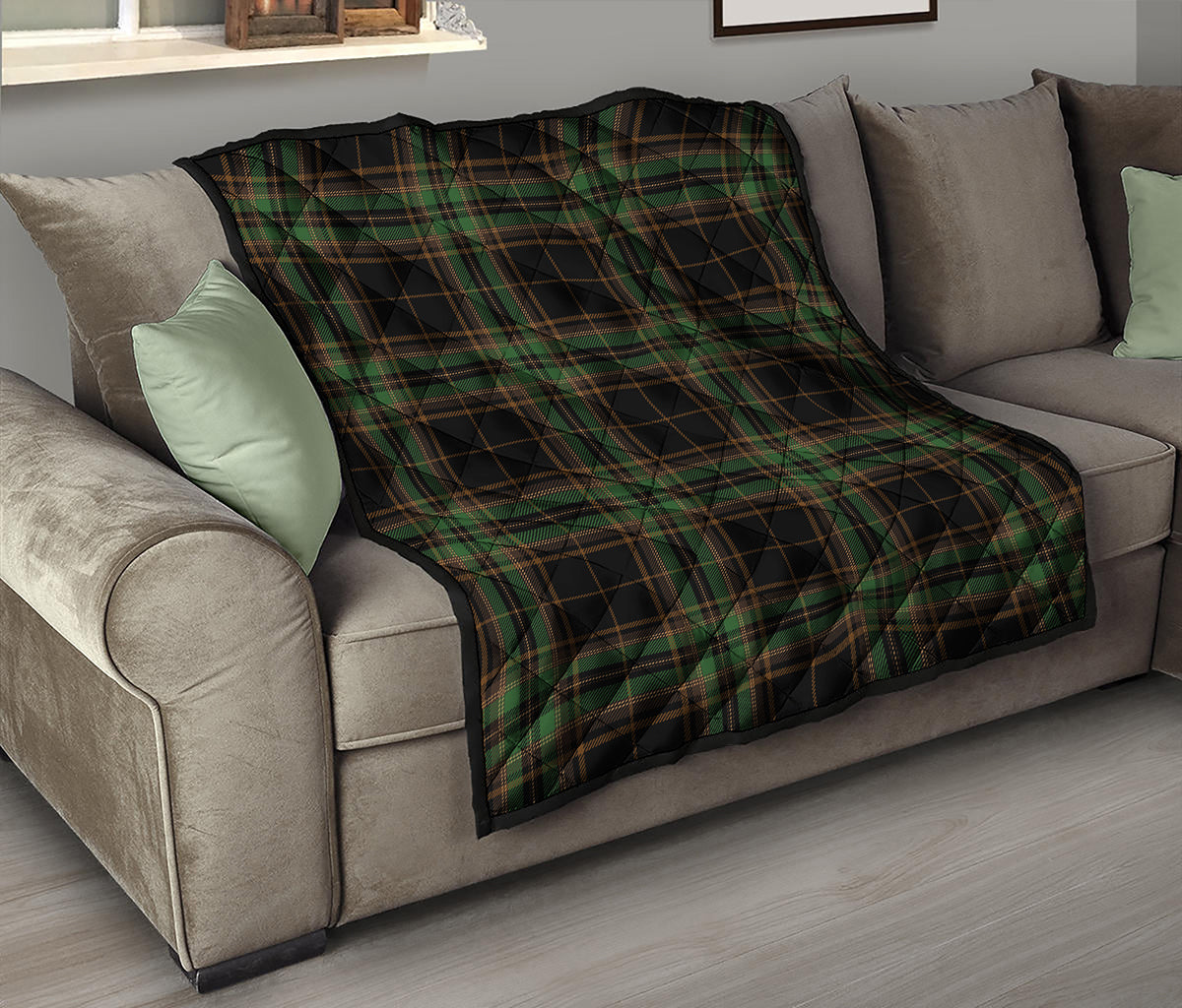 Black And Green Stewart Tartan Print Quilt