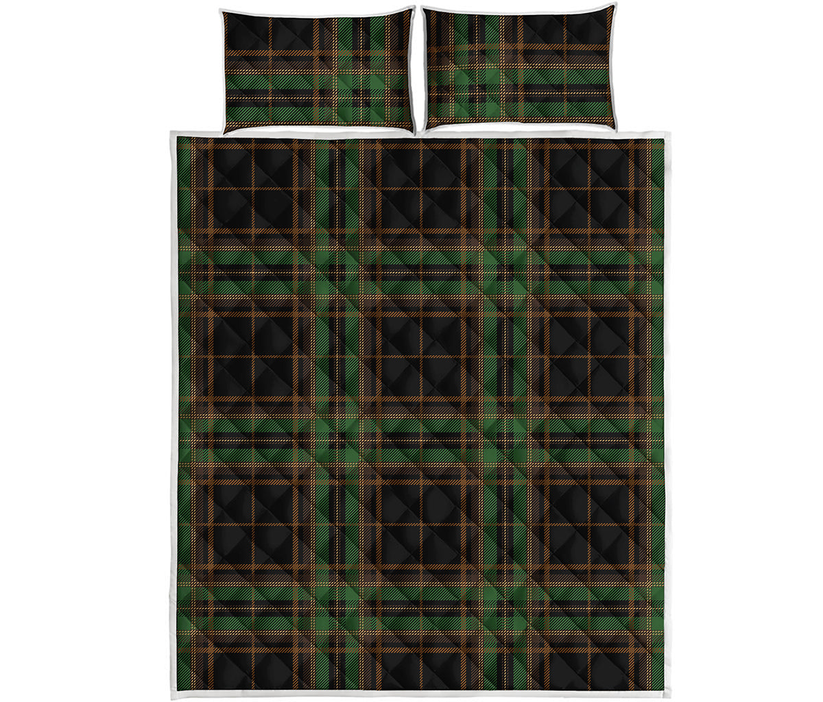 Black And Green Stewart Tartan Print Quilt Bed Set