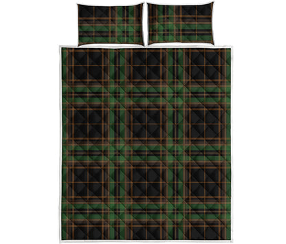 Black And Green Stewart Tartan Print Quilt Bed Set