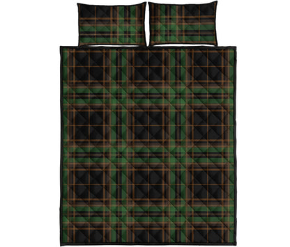 Black And Green Stewart Tartan Print Quilt Bed Set