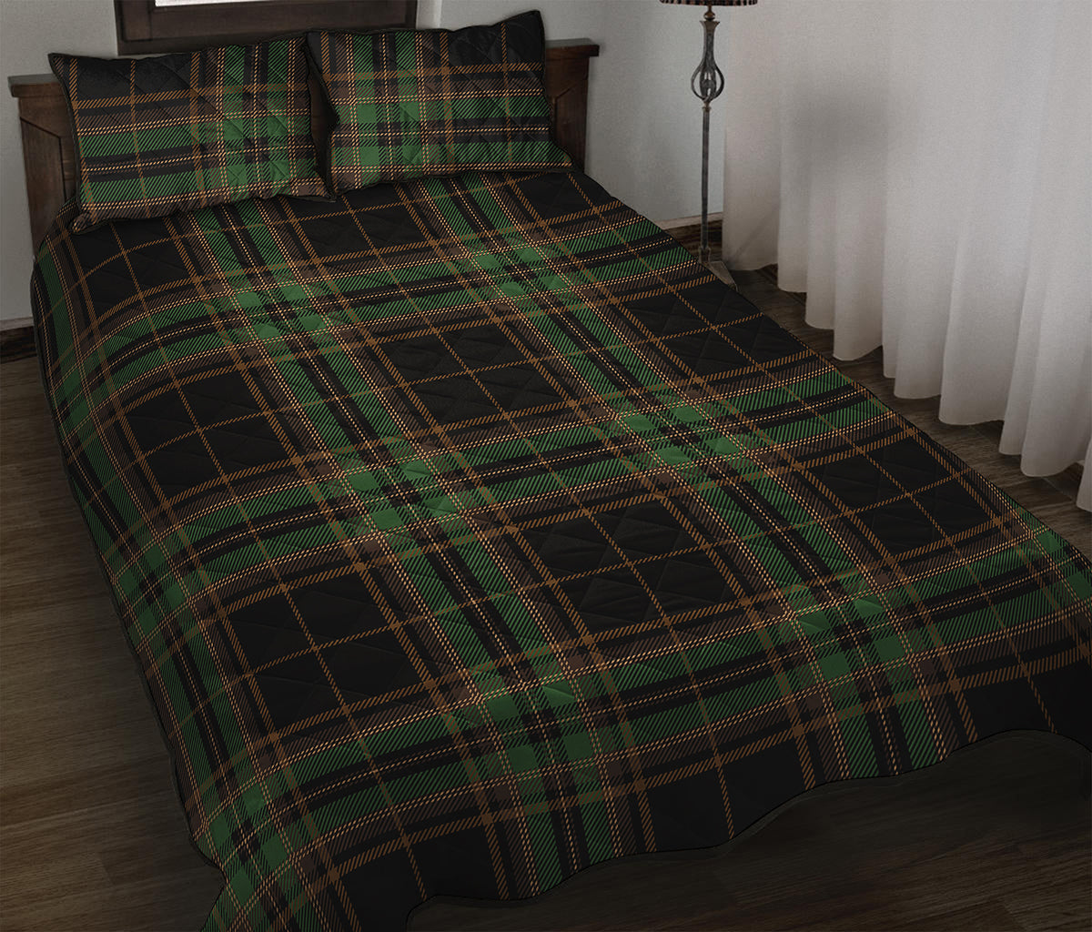Black And Green Stewart Tartan Print Quilt Bed Set