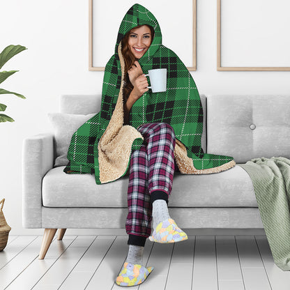 Black And Green Tartan Pattern Print Hooded Blanket