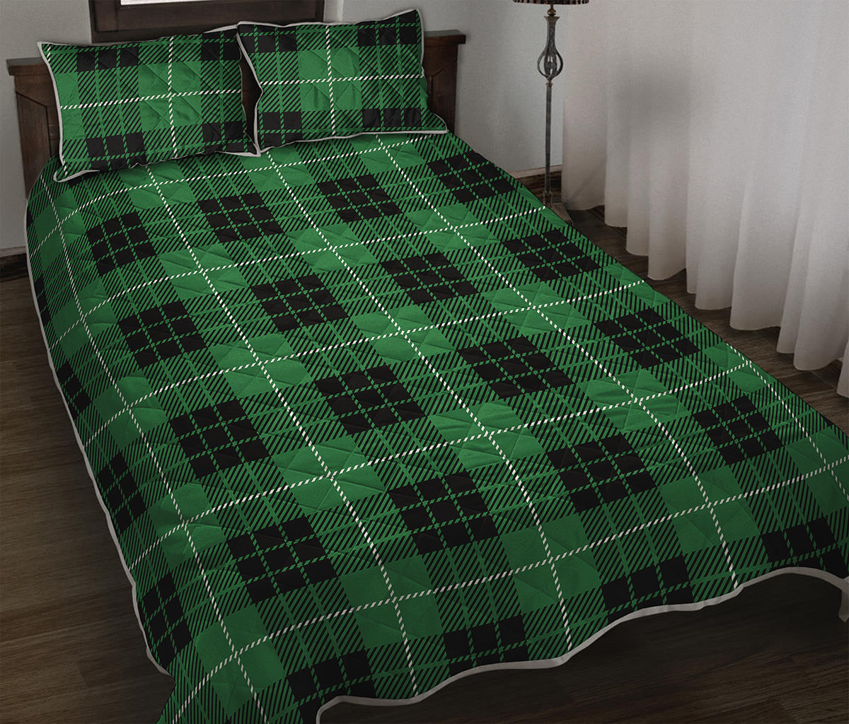 Black And Green Tartan Pattern Print Quilt Bed Set