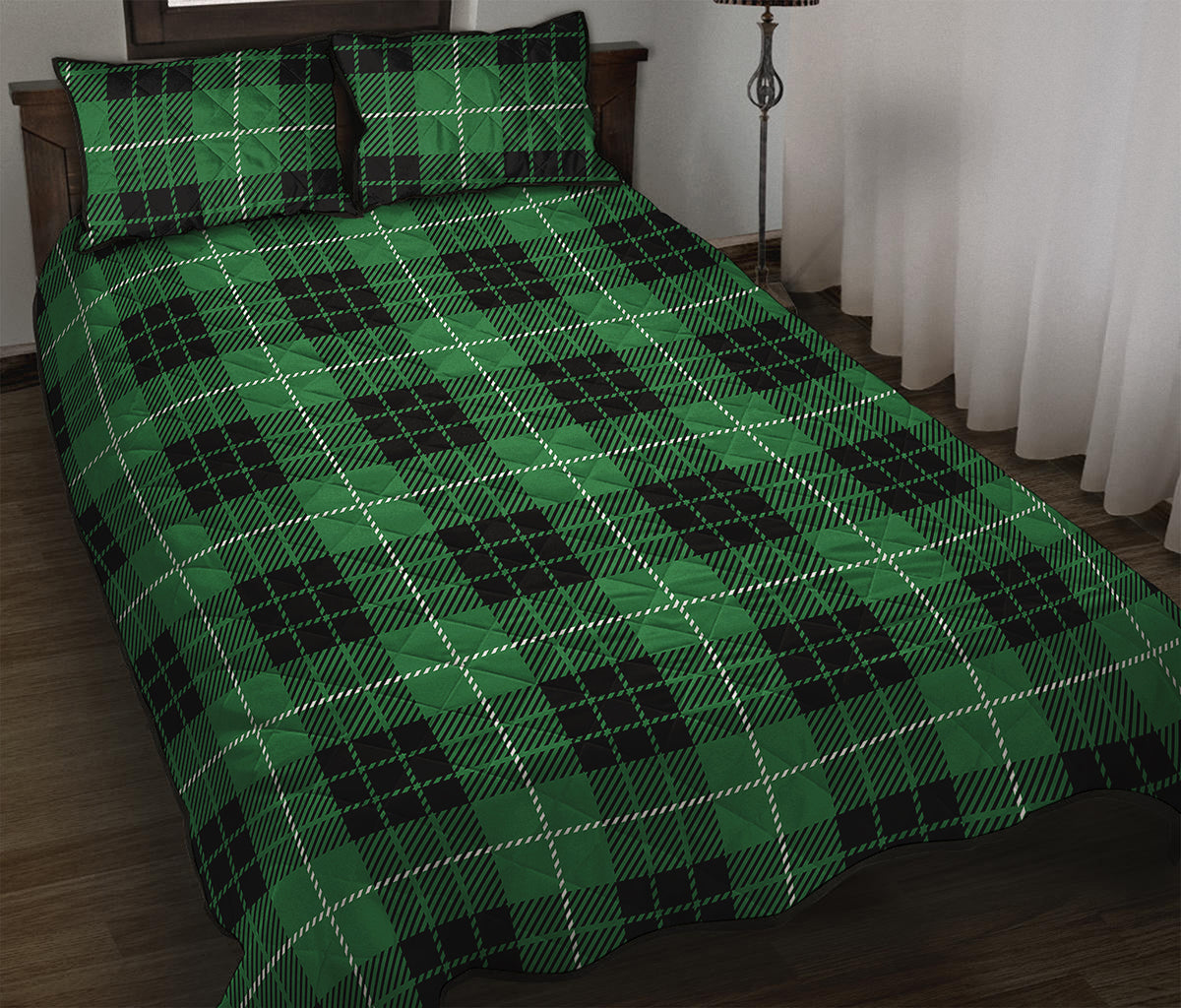 Black And Green Tartan Pattern Print Quilt Bed Set