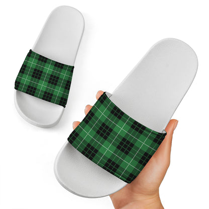 Black And Green Tartan Pattern Print White Slide Sandals