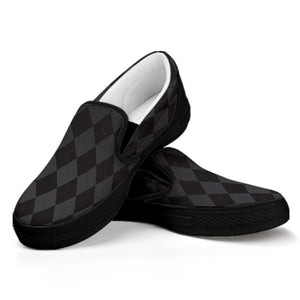 Black And Grey Argyle Pattern Print Black Slip On Shoes