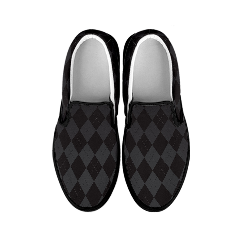 Black And Grey Argyle Pattern Print Black Slip On Shoes