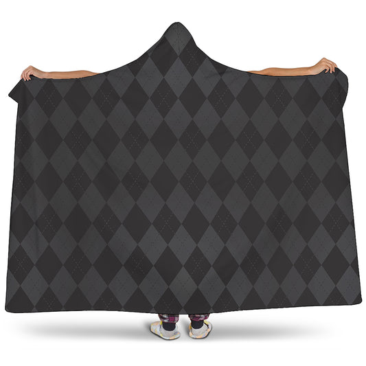 Black And Grey Argyle Pattern Print Hooded Blanket