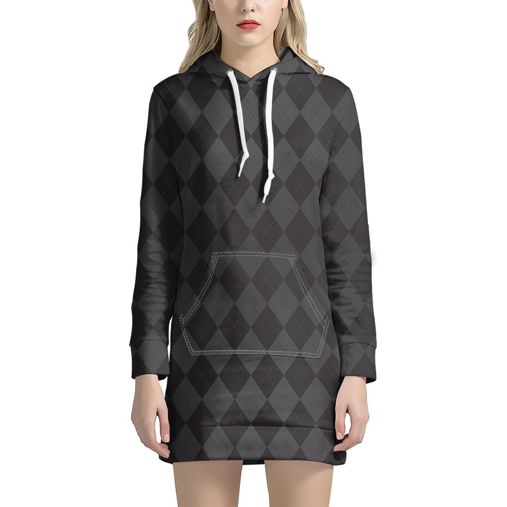 Black And Grey Argyle Pattern Print Hoodie Dress