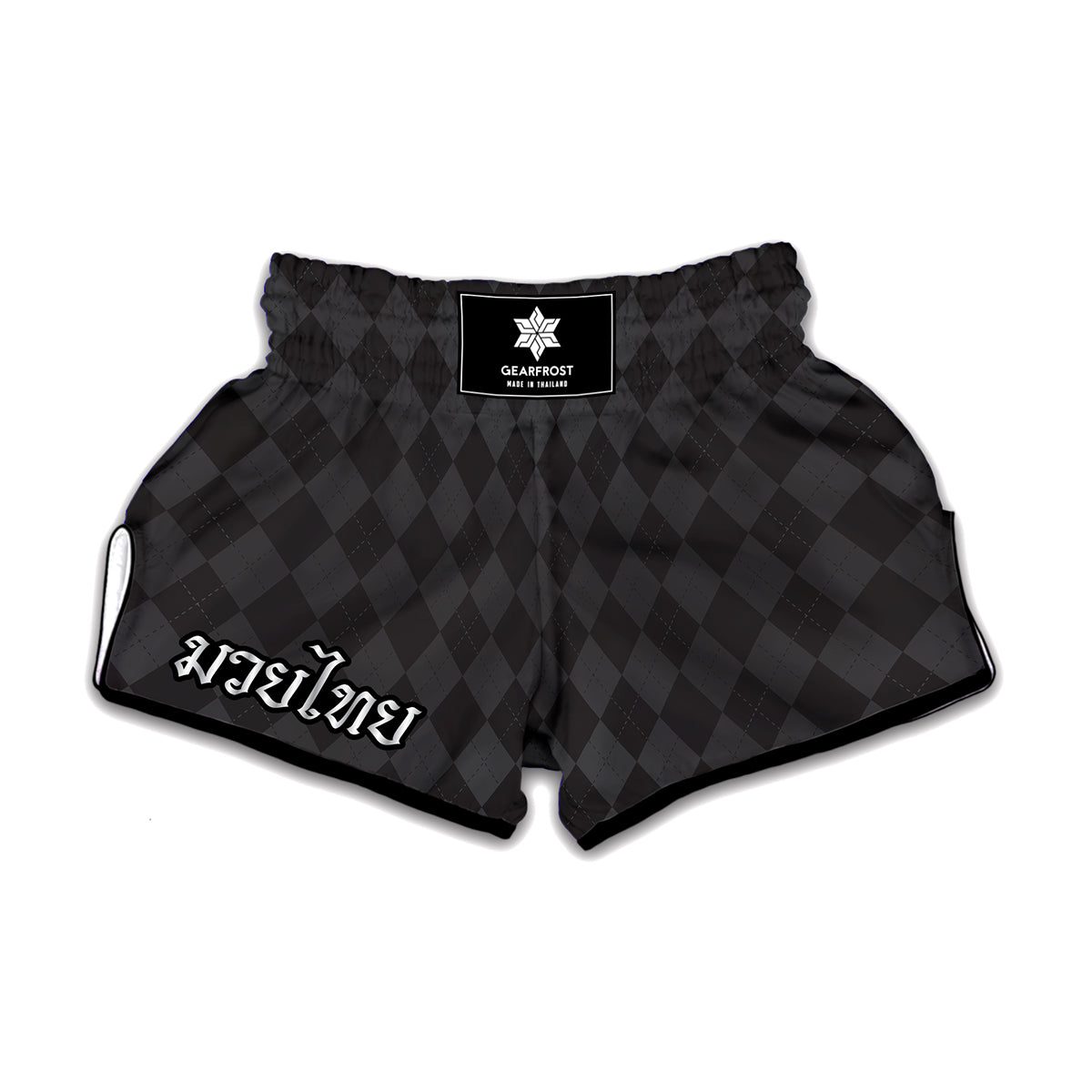 Black And Grey Argyle Pattern Print Muay Thai Boxing Shorts