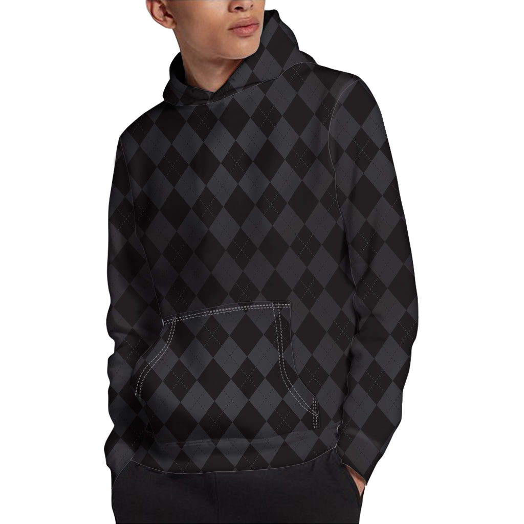 Black And Grey Argyle Pattern Print Pullover Hoodie