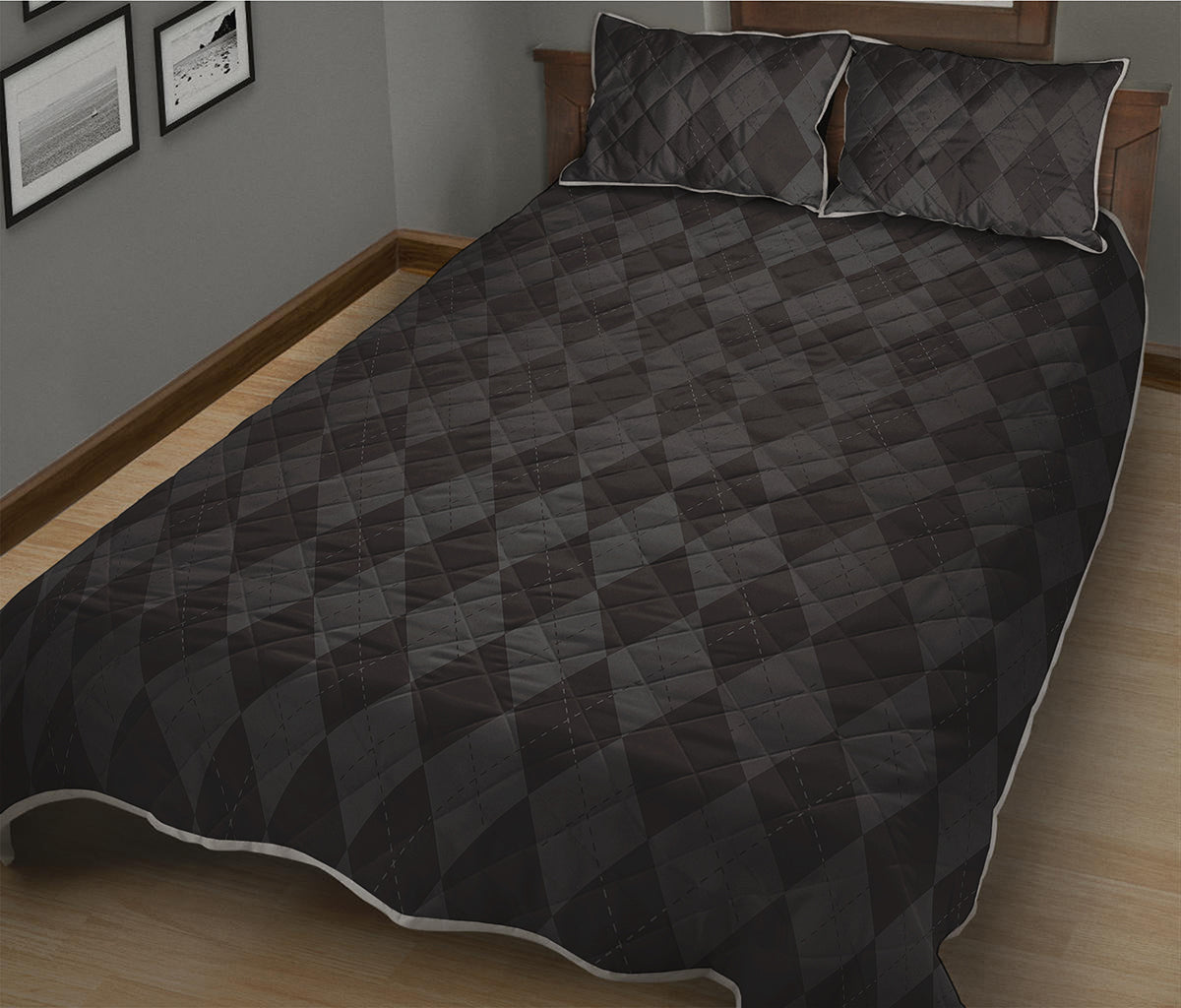 Black And Grey Argyle Pattern Print Quilt Bed Set