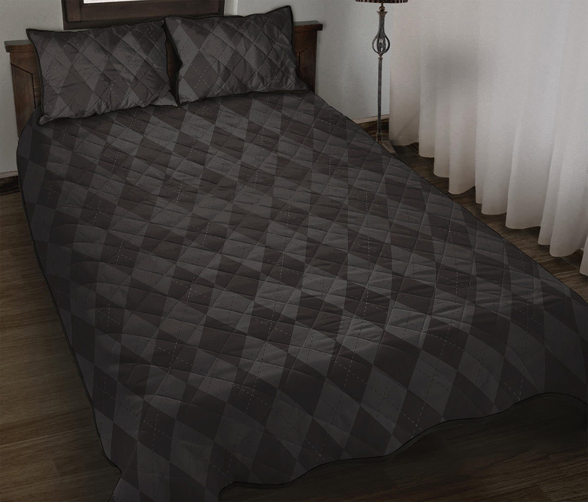 Black And Grey Argyle Pattern Print Quilt Bed Set