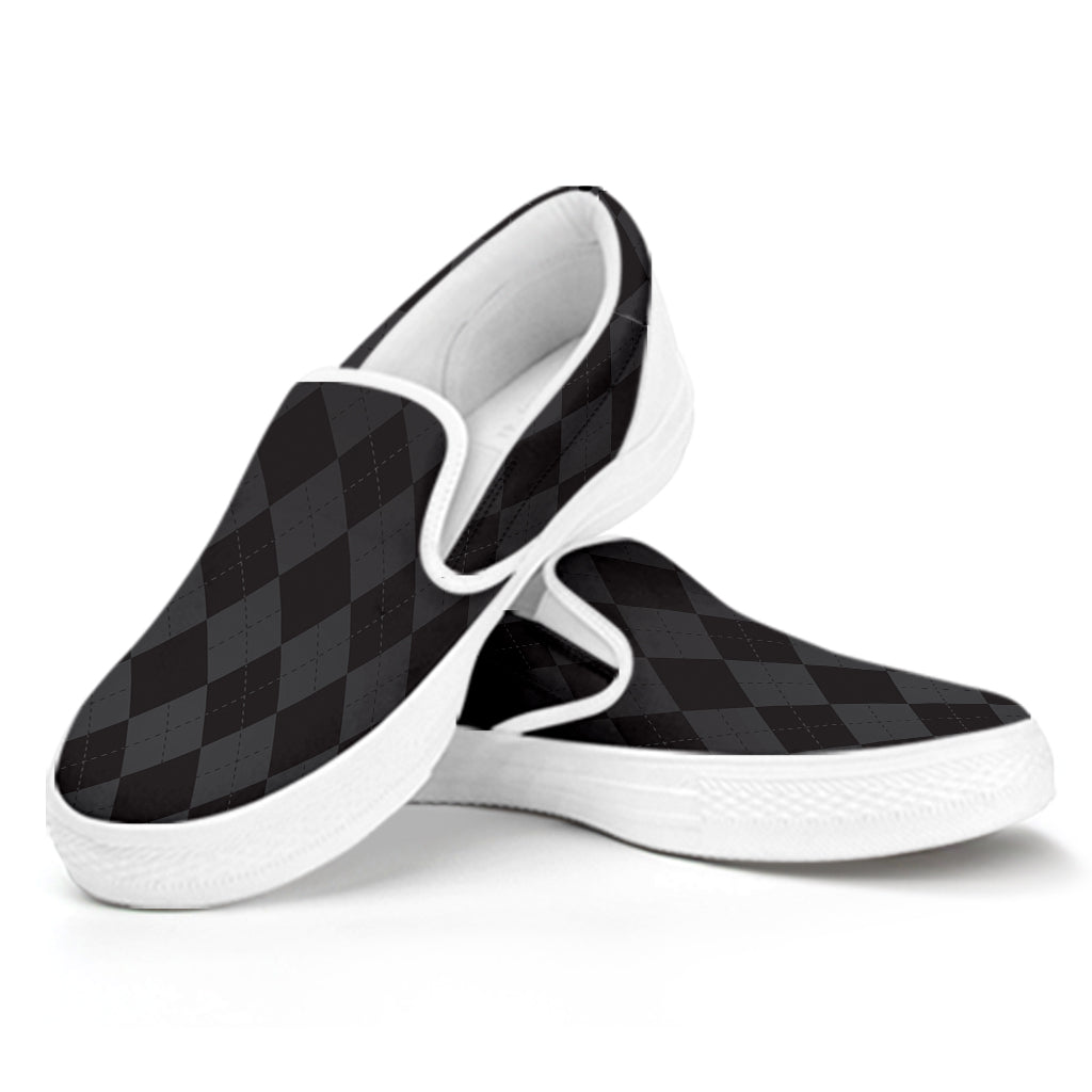 Black And Grey Argyle Pattern Print White Slip On Shoes