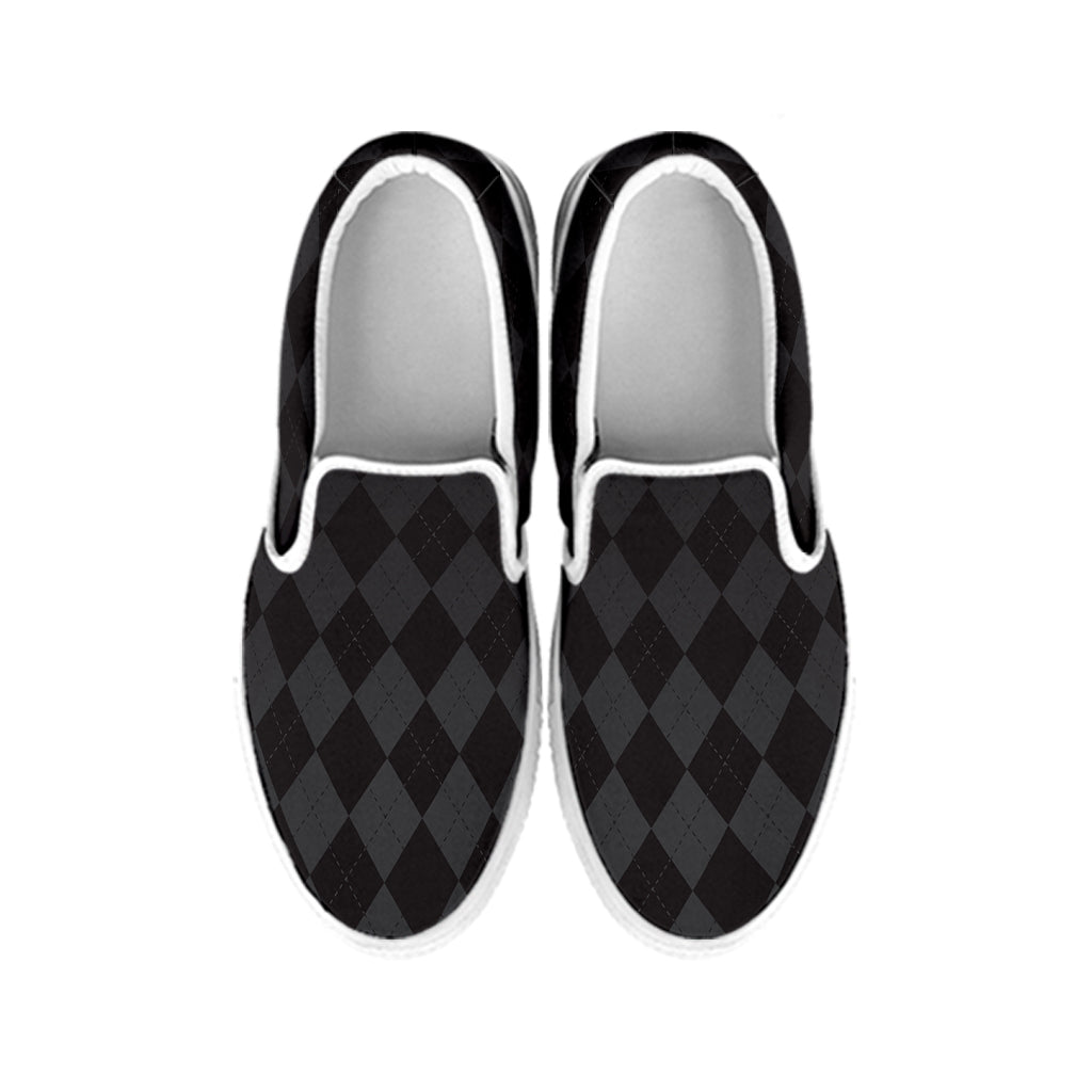 Black And Grey Argyle Pattern Print White Slip On Shoes