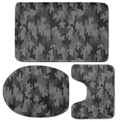 Black And Grey Camouflage Print 3 Piece Bath Mat Set