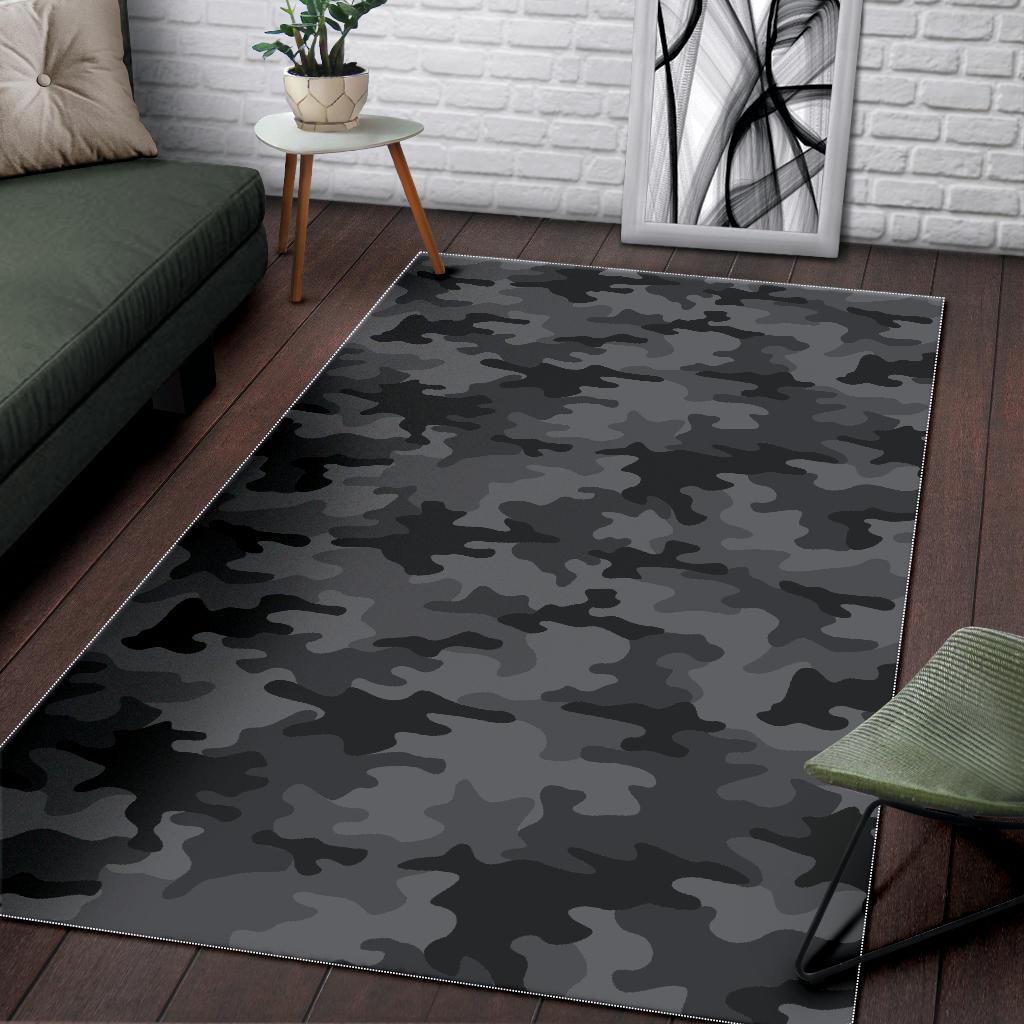 Black And Grey Camouflage Print Area Rug GearFrost
