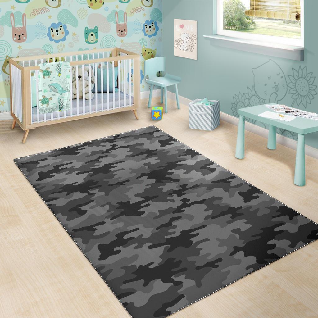 Black And Grey Camouflage Print Area Rug GearFrost