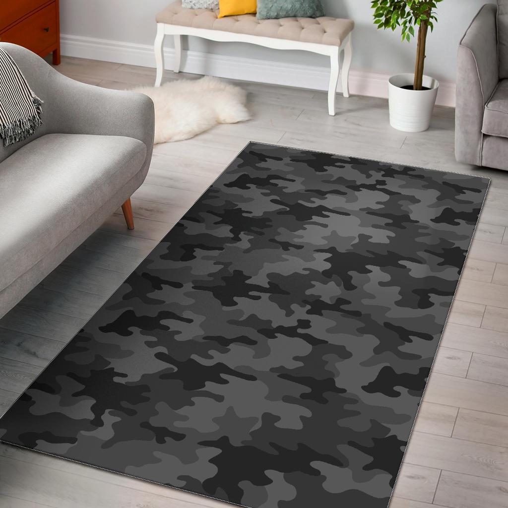 Black And Grey Camouflage Print Area Rug GearFrost