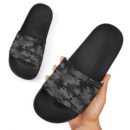 Black And Grey Camouflage Print Black Slide Sandals