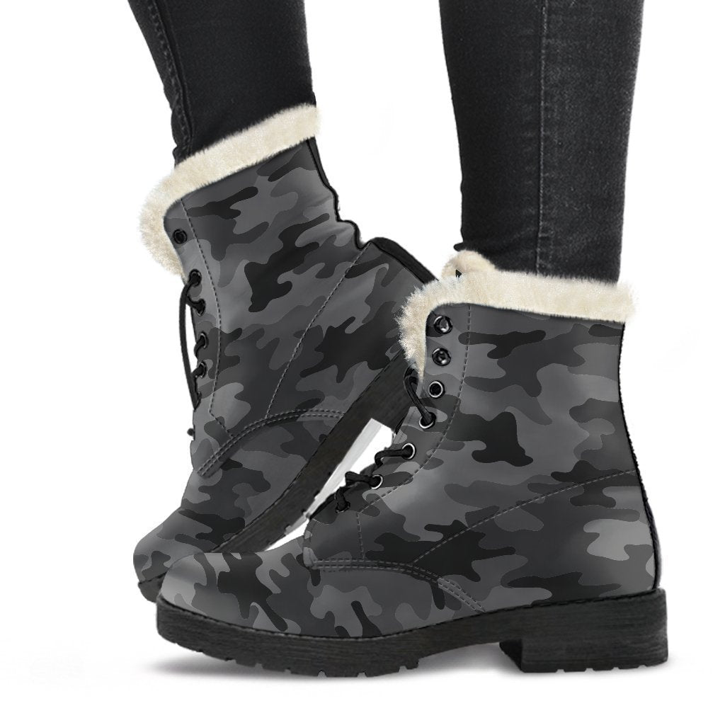 Black And Grey Camouflage Print Comfy Boots GearFrost