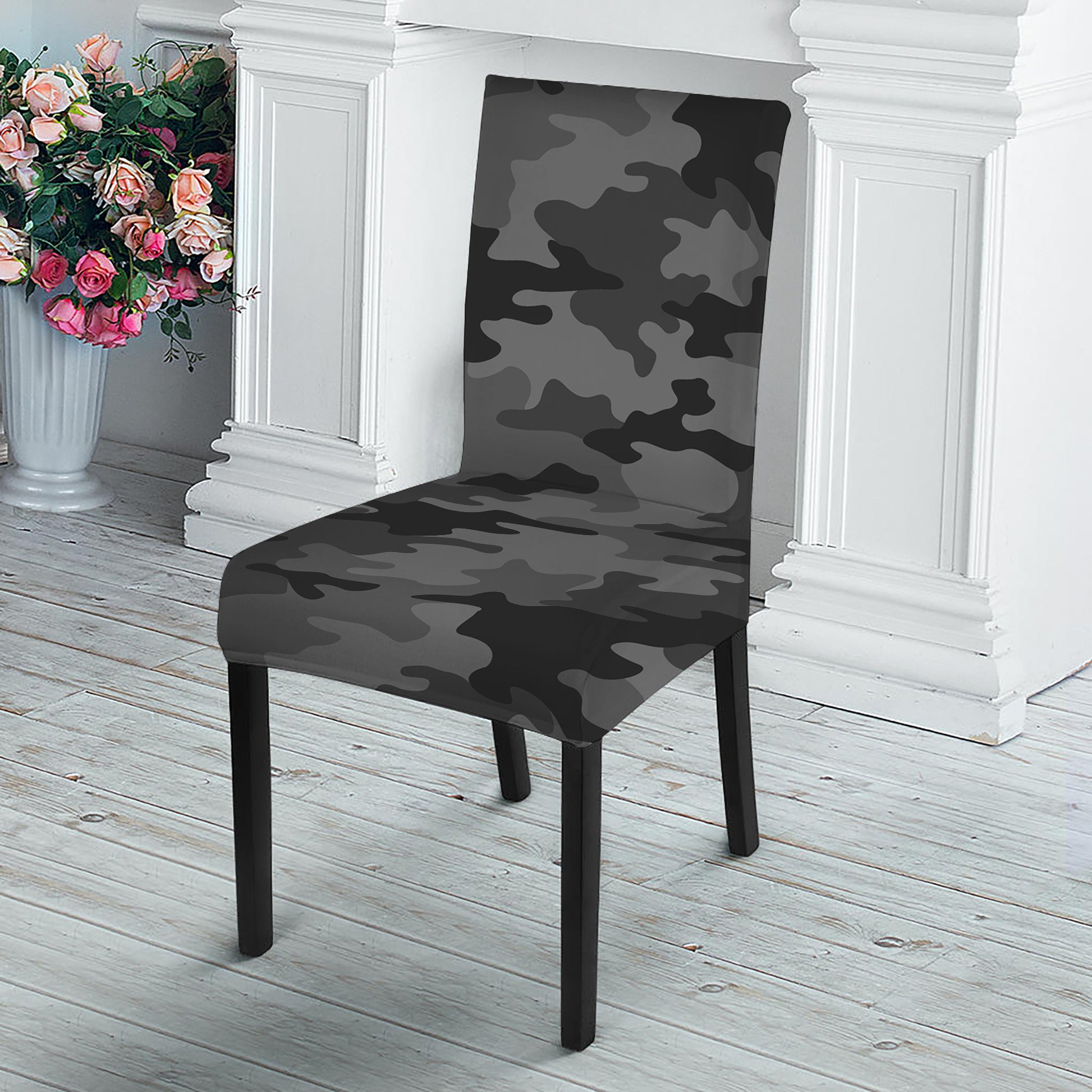 Black And Grey Camouflage Print Dining Chair Slipcover