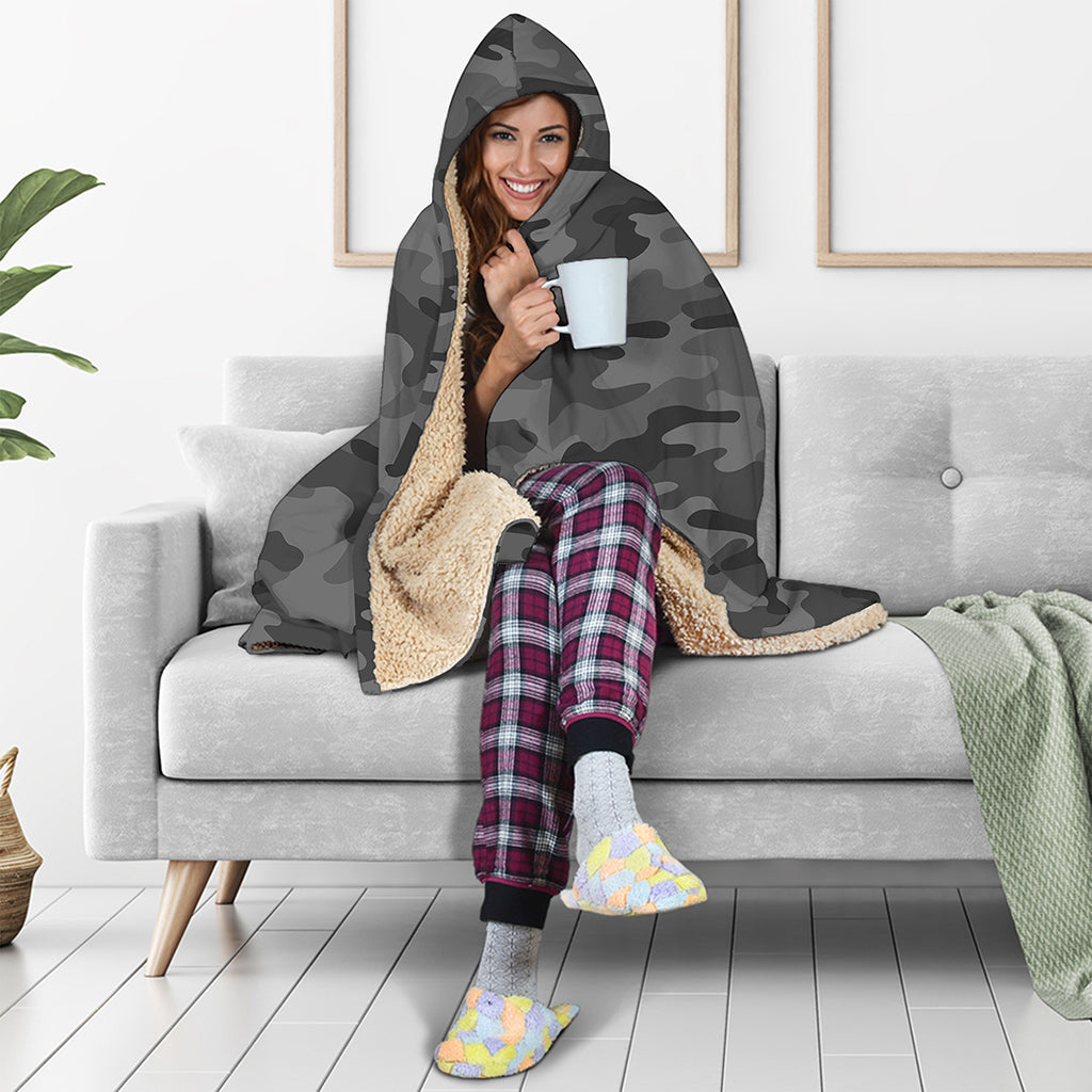 Black And Grey Camouflage Print Hooded Blanket