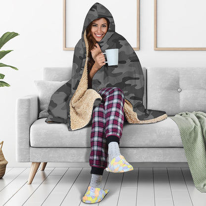 Black And Grey Camouflage Print Hooded Blanket