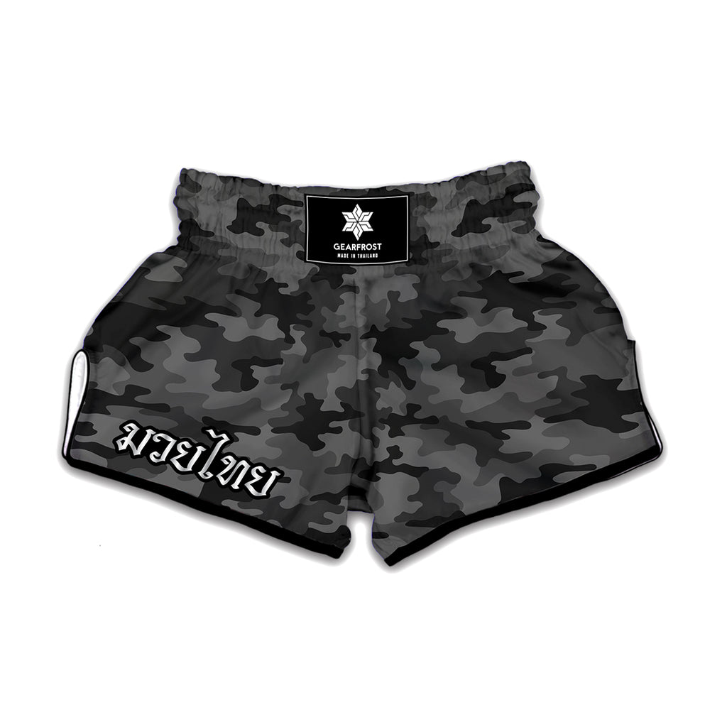 Black And Grey Camouflage Print Muay Thai Boxing Shorts