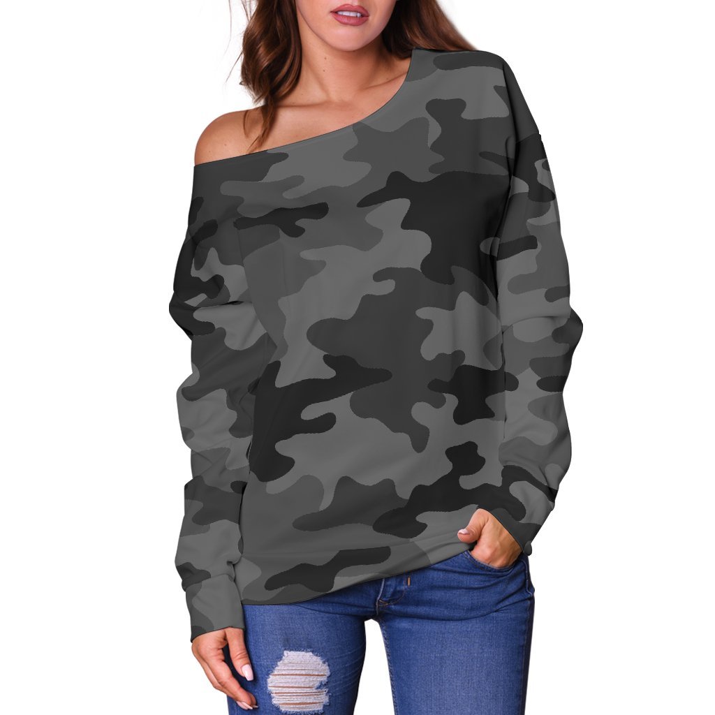 Black And Grey Camouflage Print Off Shoulder Sweatshirt GearFrost