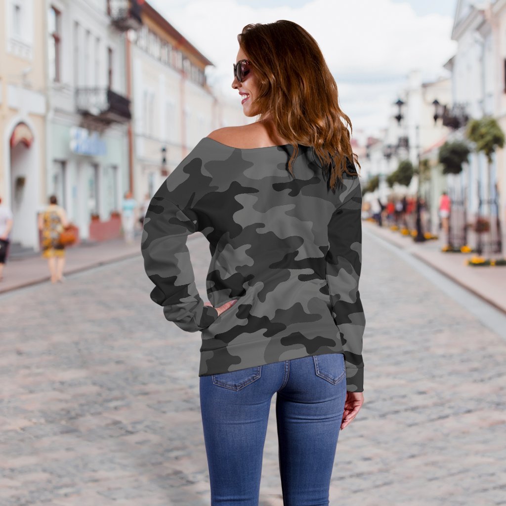 Black And Grey Camouflage Print Off Shoulder Sweatshirt GearFrost