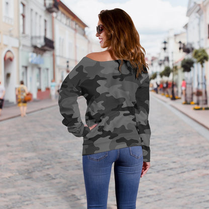 Black And Grey Camouflage Print Off Shoulder Sweatshirt GearFrost