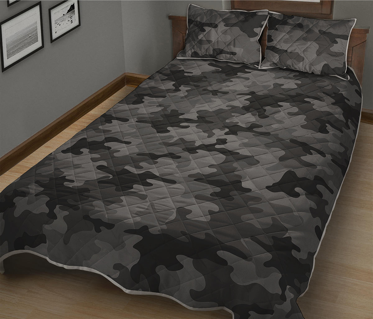 Black And Grey Camouflage Print Quilt Bed Set