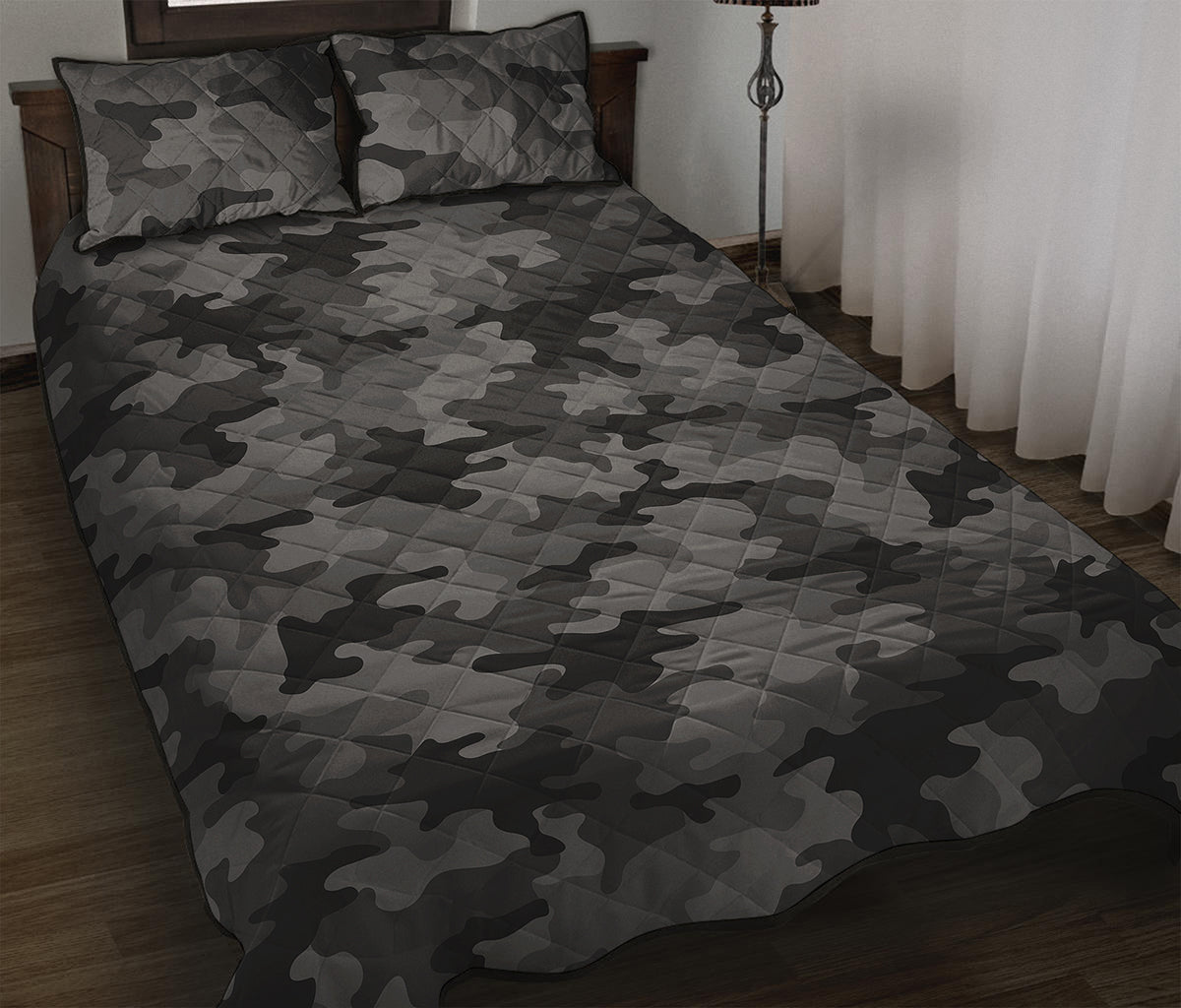 Black And Grey Camouflage Print Quilt Bed Set