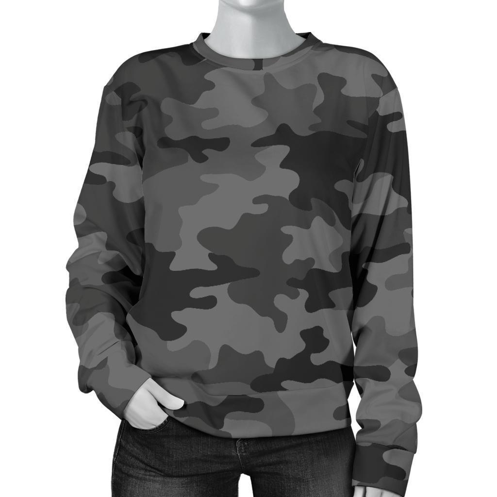 Black And Grey Camouflage Print Women's Crewneck Sweatshirt GearFrost