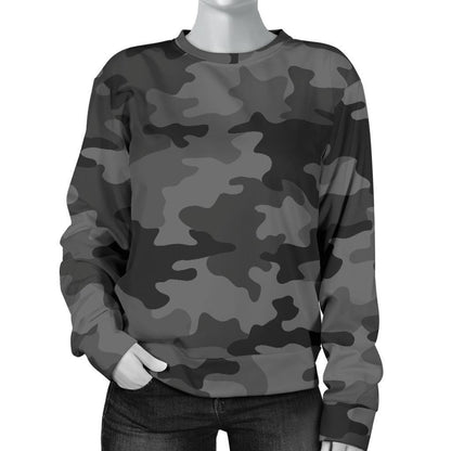 Black And Grey Camouflage Print Women's Crewneck Sweatshirt GearFrost