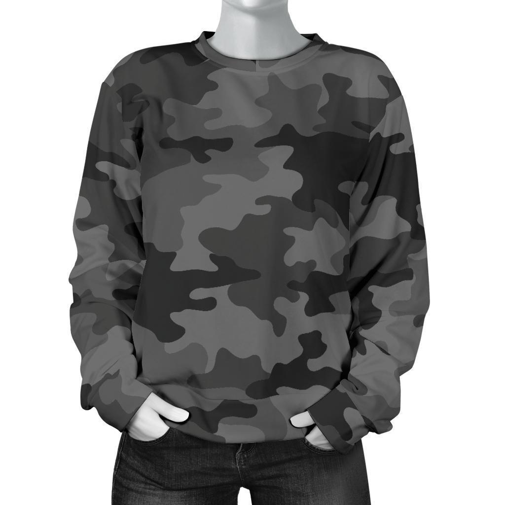 Black And Grey Camouflage Print Women's Crewneck Sweatshirt GearFrost