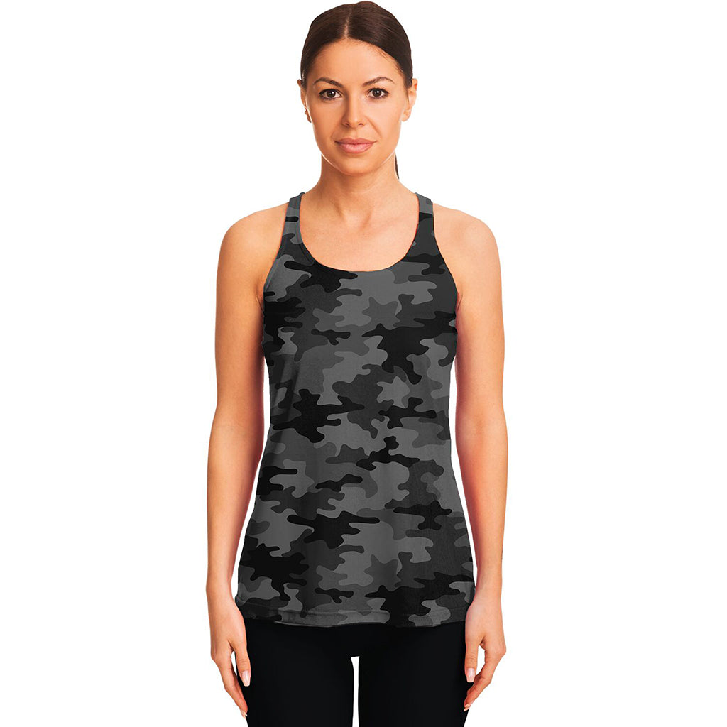 Black And Grey Camouflage Print Women's Racerback Tank Top