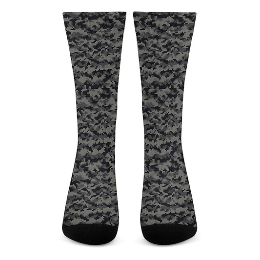 Black And Grey Digital Camo Print Crew Socks