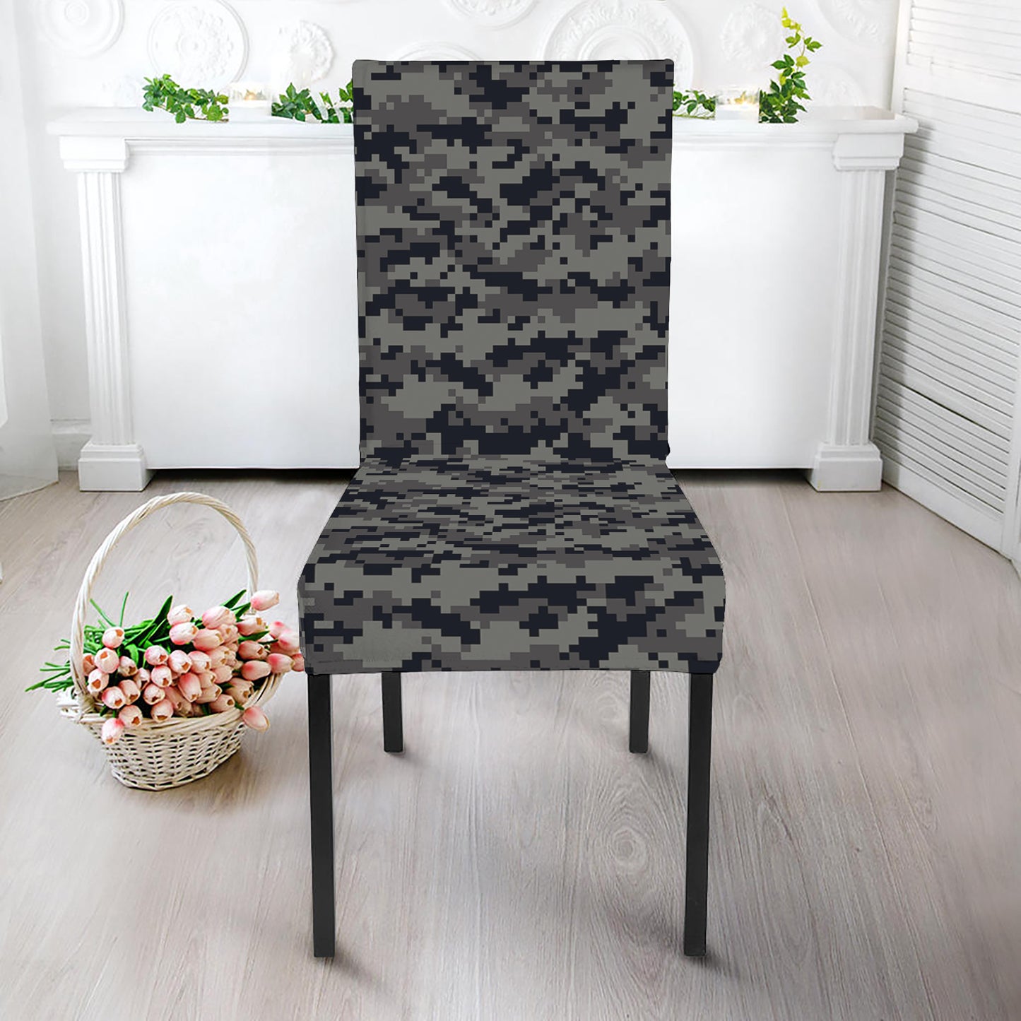 Black And Grey Digital Camo Print Dining Chair Slipcover
