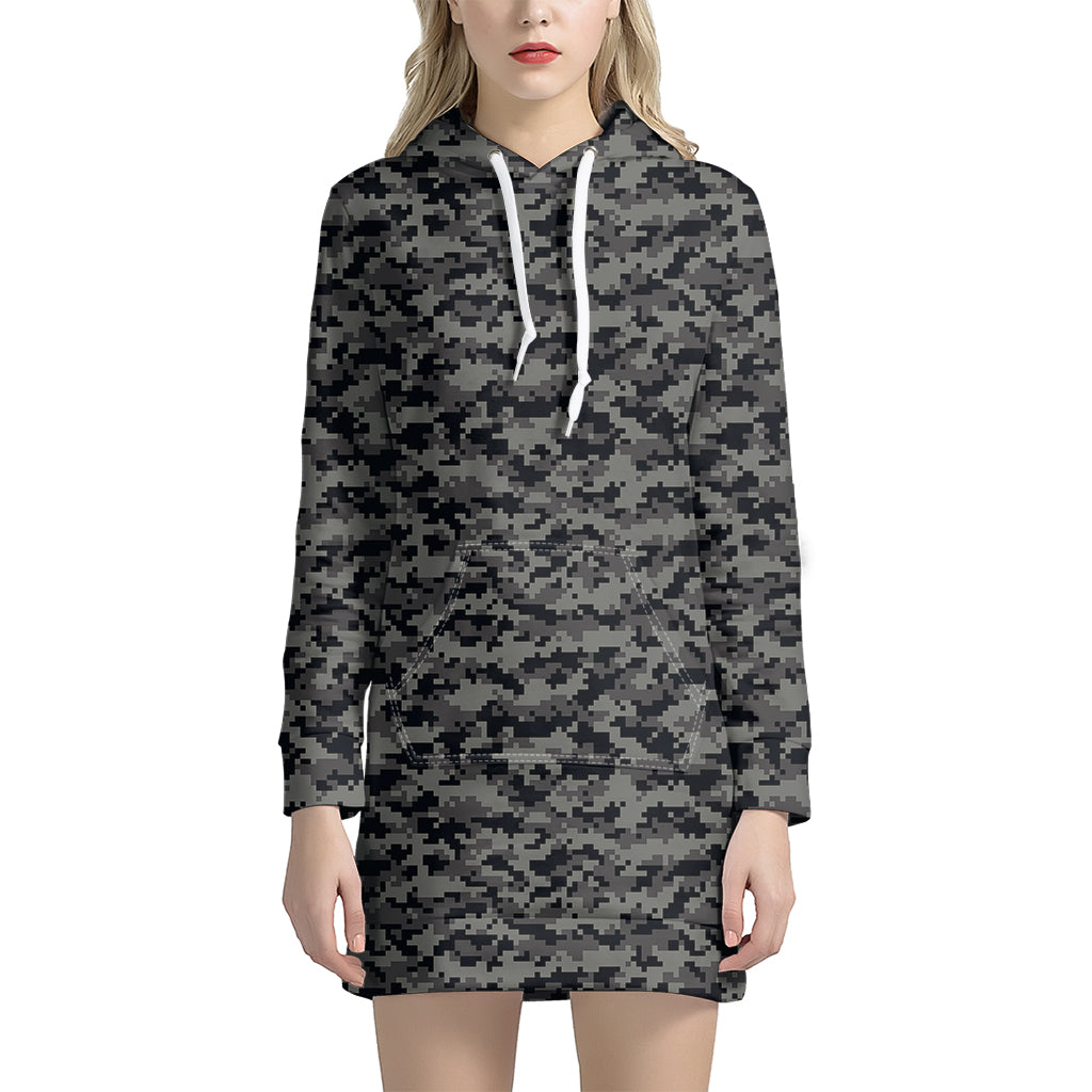 Black And Grey Digital Camo Print Hoodie Dress
