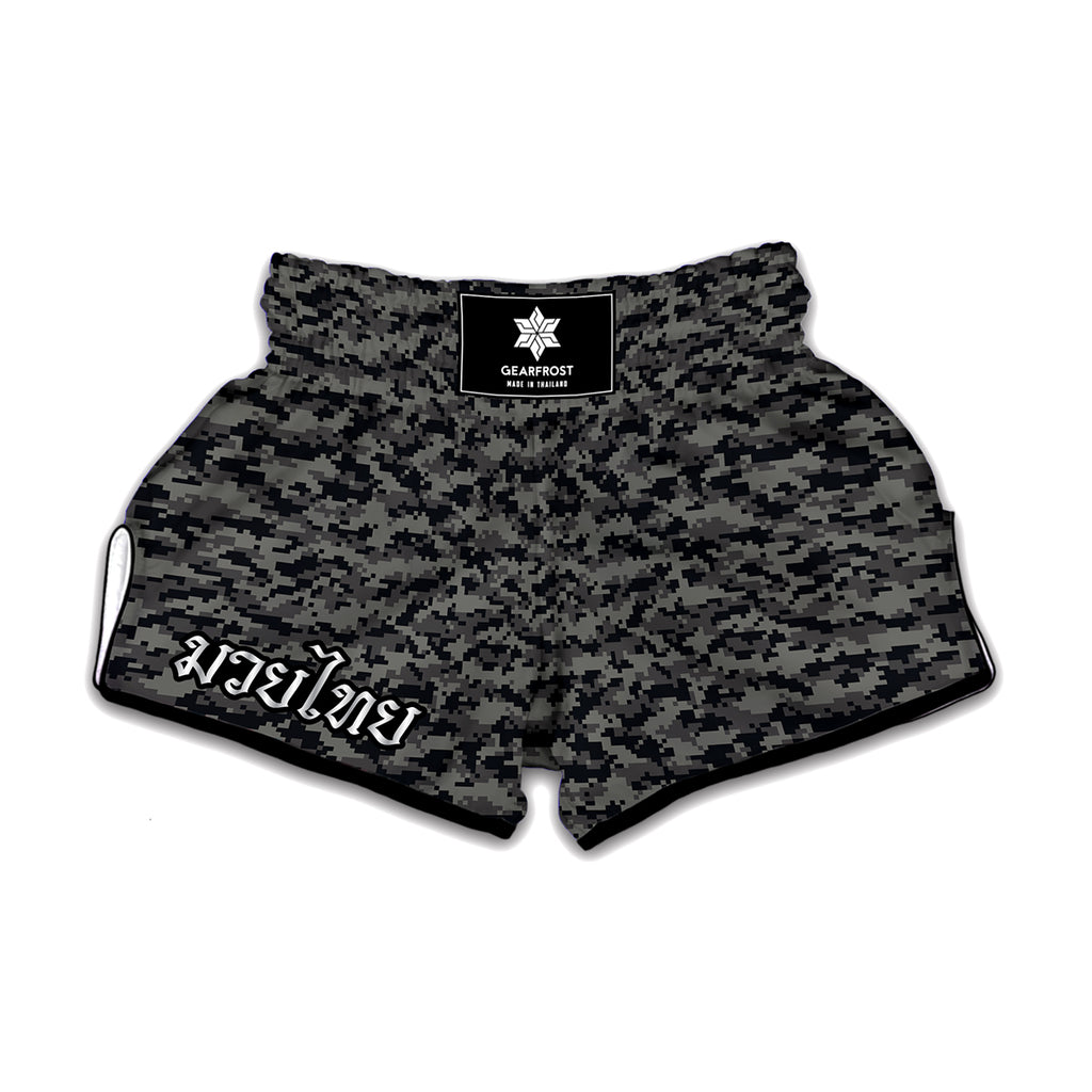 Black And Grey Digital Camo Print Muay Thai Boxing Shorts