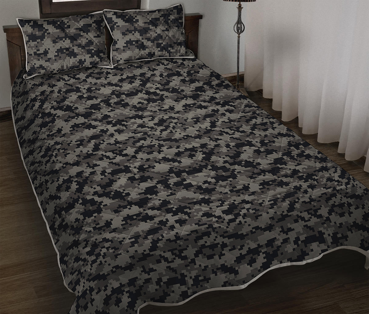 Black And Grey Digital Camo Print Quilt Bed Set