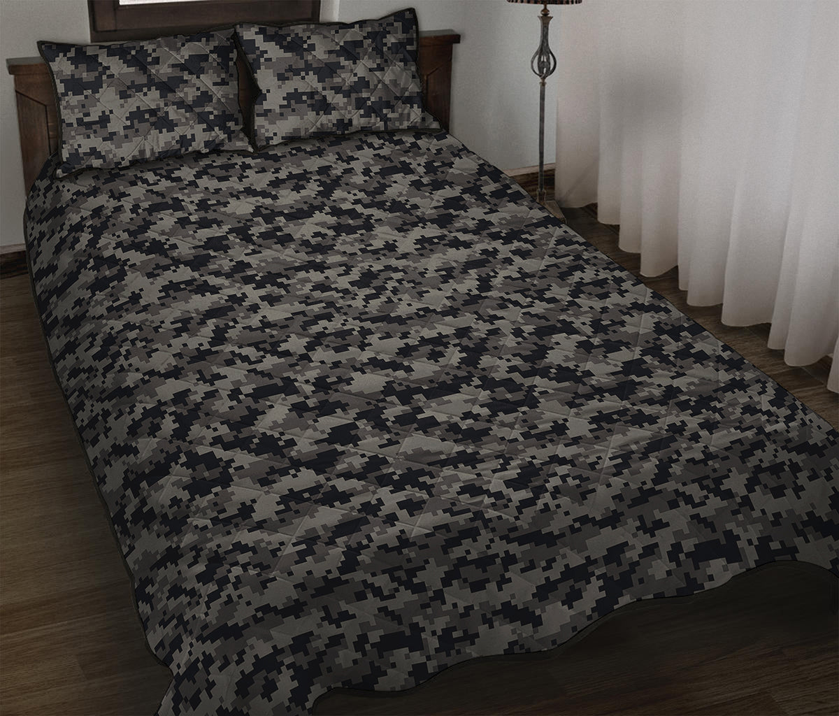 Black And Grey Digital Camo Print Quilt Bed Set