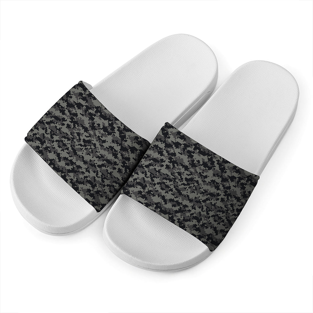 Black And Grey Digital Camo Print White Slide Sandals