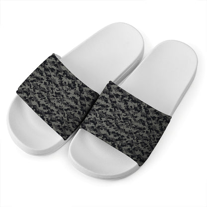 Black And Grey Digital Camo Print White Slide Sandals