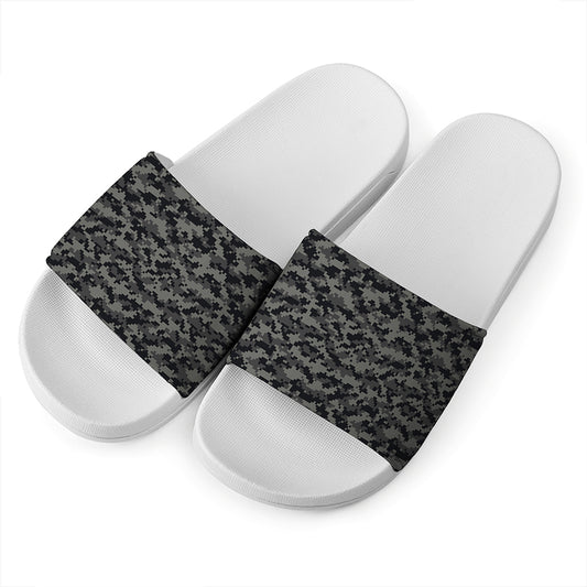 Black And Grey Digital Camo Print White Slide Sandals